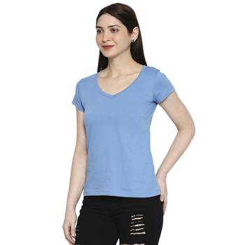 Blue Solid Casual Top/Tees for Women in Cotton Fabric with Short Sleeves 2