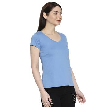Blue Solid Casual Top/Tees for Women in Cotton Fabric with Short Sleeves 3