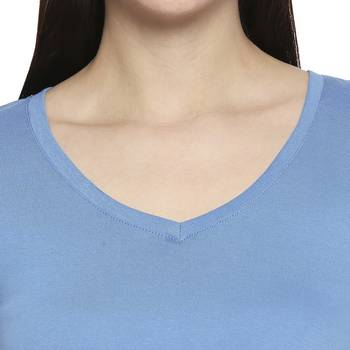 Blue Solid Casual Top/Tees for Women in Cotton Fabric with Short Sleeves 4