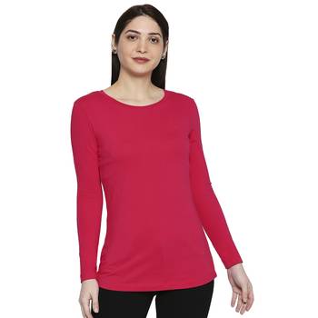 Pink Solid Plain Casual Top/Tees for Women in Cotton Fabric with Full Sleeves 1