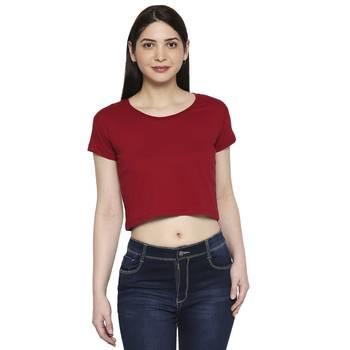 Maroon Solid Plain Casual Crop Top for Women in Cotton Fabric with Short Sleeves 1