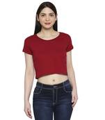Maroon Solid Plain Casual Crop Top for Women in Cotton Fabric with Short Sleeves