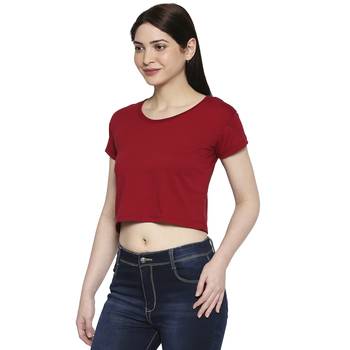 Maroon Solid Plain Casual Crop Top for Women in Cotton Fabric with Short Sleeves 2