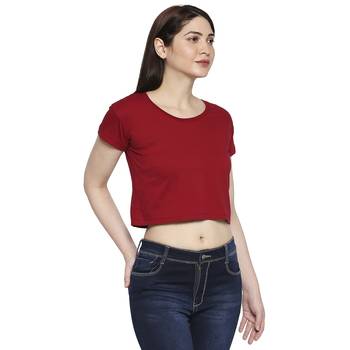 Maroon Solid Plain Casual Crop Top for Women in Cotton Fabric with Short Sleeves 3