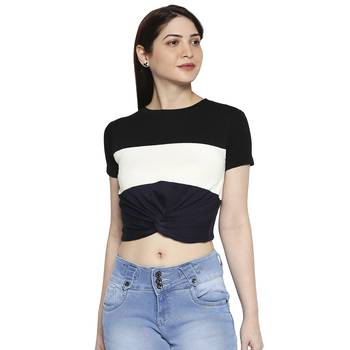 Black White Striped  Pattern Casual Crop Top for Women in Rayon Fabric with Short Sleeves 1