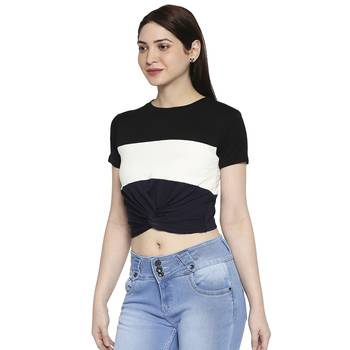 Black White Striped  Pattern Casual Crop Top for Women in Rayon Fabric with Short Sleeves 2