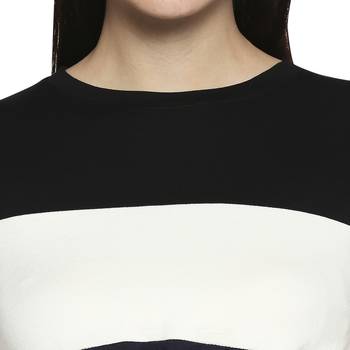 Black White Striped  Pattern Casual Crop Top for Women in Rayon Fabric with Short Sleeves 4