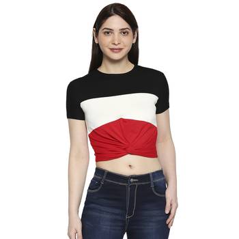 Black White & Red Striped  Pattern Casual Crop Top for Women in Rayon Fabric with Short Sleeves 1