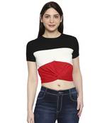 Black White & Red Striped  Pattern Casual Crop Top for Women in Rayon Fabric with Short Sleeves