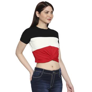 Black White & Red Striped  Pattern Casual Crop Top for Women in Rayon Fabric with Short Sleeves 2
