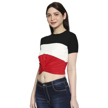 Black White & Red Striped  Pattern Casual Crop Top for Women in Rayon Fabric with Short Sleeves 3