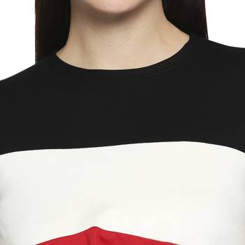 Black White & Red Striped  Pattern Casual Crop Top for Women in Rayon Fabric with Short Sleeves 4