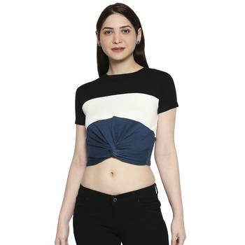 Black White & Blue Striped  Pattern Casual Crop Top for Women in Rayon Fabric with Short Sleeves 1
