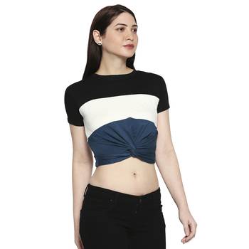 Black White & Blue Striped  Pattern Casual Crop Top for Women in Rayon Fabric with Short Sleeves 2