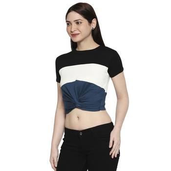 Black White & Blue Striped  Pattern Casual Crop Top for Women in Rayon Fabric with Short Sleeves 3
