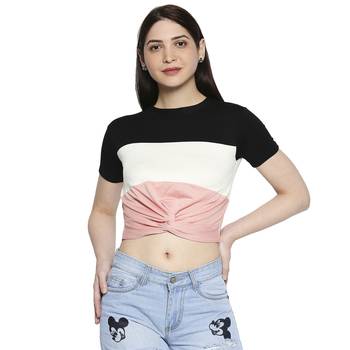 Black White & Pink Striped  Pattern Casual Crop Top for Women in Rayon Fabric with Short Sleeves 1