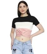 Black White & Pink Striped  Pattern Casual Crop Top for Women in Rayon Fabric with Short Sleeves