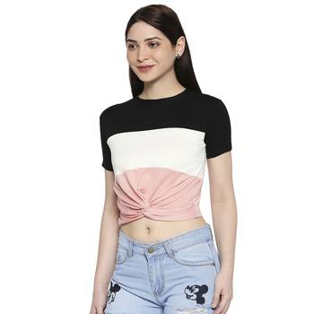 Black White & Pink Striped  Pattern Casual Crop Top for Women in Rayon Fabric with Short Sleeves 2
