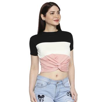 Black White & Pink Striped  Pattern Casual Crop Top for Women in Rayon Fabric with Short Sleeves 3