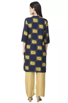 Navy-blue printed cotton cotton-kurtis