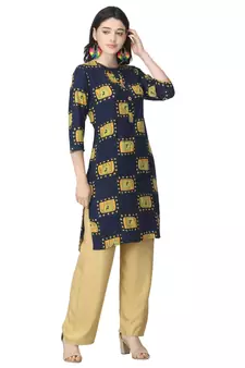 Navy-blue printed cotton cotton-kurtis