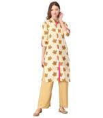 Cream printed cotton cotton-kurtis