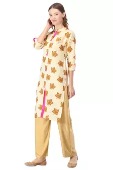 Cream printed cotton cotton-kurtis