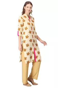 Cream printed cotton cotton-kurtis