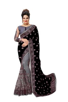Trendmalls Embroidery Designer Satin and Net Black Party Wear Saree With Blouse 1