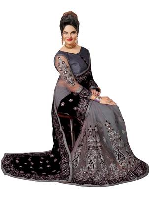 Trendmalls Embroidery Designer Satin and Net Black Party Wear Saree With Blouse 3