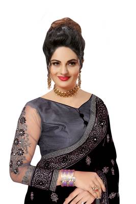 Trendmalls Embroidery Designer Satin and Net Black Party Wear Saree With Blouse 4