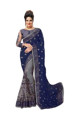 Embroidery Designer Satin and Net Blue Party Wear Saree With Blouse 1