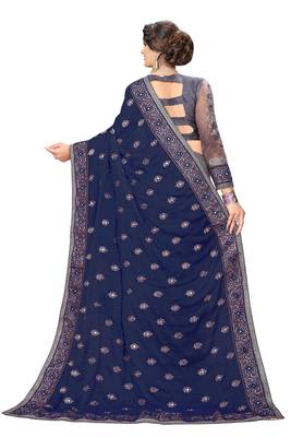 Embroidery Designer Satin and Net Blue Party Wear Saree With Blouse 2