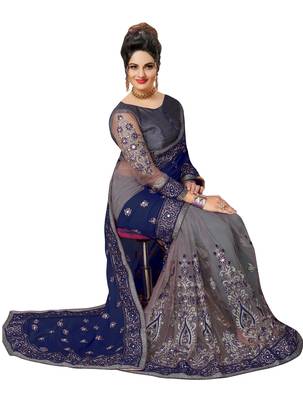 Embroidery Designer Satin and Net Blue Party Wear Saree With Blouse 3