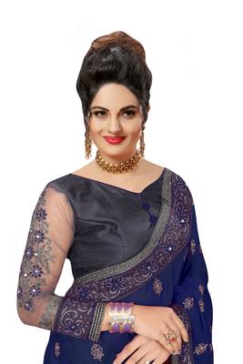 Embroidery Designer Satin and Net Blue Party Wear Saree With Blouse 4