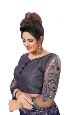 Embroidery Designer Satin and Net Blue Party Wear Saree With Blouse 5