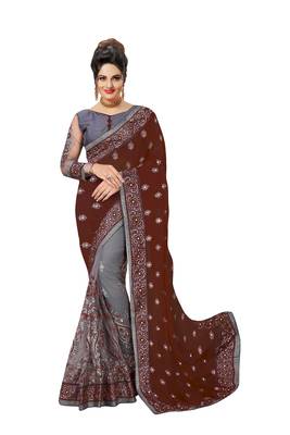 Trendmalls Embroidery Designer Satin and Net Brown  Traditional Wedding Party Wear Bridal Saree with Blouse  1