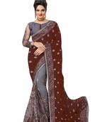 Trendmalls Embroidery Designer Satin and Net Brown  Traditional Wedding Party Wear Bridal Saree with Blouse 