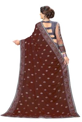 Trendmalls Embroidery Designer Satin and Net Brown  Traditional Wedding Party Wear Bridal Saree with Blouse  2