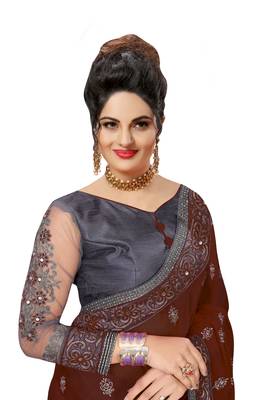 Trendmalls Embroidery Designer Satin and Net Brown  Traditional Wedding Party Wear Bridal Saree with Blouse  4