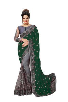 Trendmalls Embroidery Designer Satin And Net Darkgreen Party Wear Saree With Blouse 1