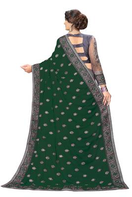 Trendmalls Embroidery Designer Satin And Net Darkgreen Party Wear Saree With Blouse 2