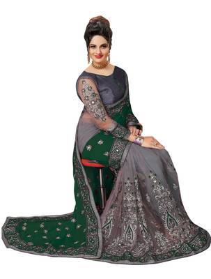 Trendmalls Embroidery Designer Satin And Net Darkgreen Party Wear Saree With Blouse 3