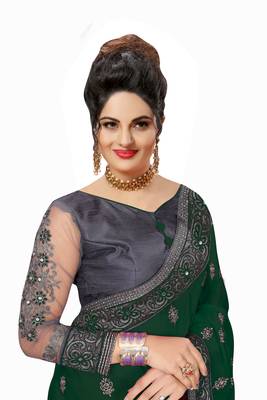 Trendmalls Embroidery Designer Satin And Net Darkgreen Party Wear Saree With Blouse 4