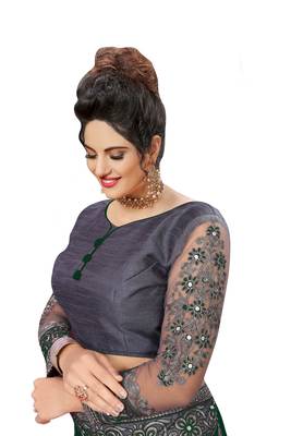 Trendmalls Embroidery Designer Satin And Net Darkgreen Party Wear Saree With Blouse 5