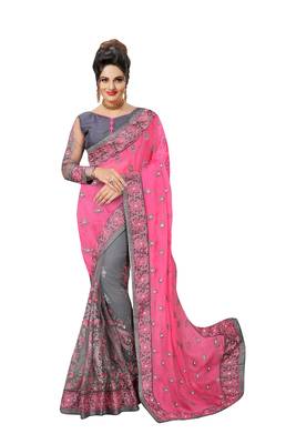 Embroidery Designer Satin and Net Light Pink Party Wear Saree With Blouse 1
