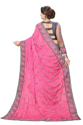 Embroidery Designer Satin and Net Light Pink Party Wear Saree With Blouse 2