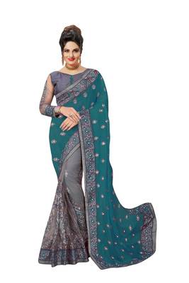 Trendmalls Embroidery Designer Satin and Net Morpeach Party Wear Saree With Blouse 1