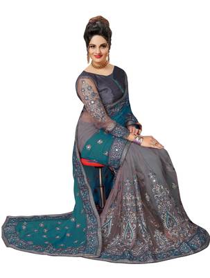 Trendmalls Embroidery Designer Satin and Net Morpeach Party Wear Saree With Blouse 3