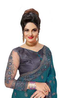 Trendmalls Embroidery Designer Satin and Net Morpeach Party Wear Saree With Blouse 4